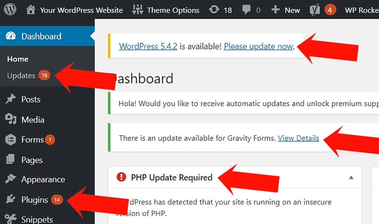 WordPress webmaster service screenshot showing updates available