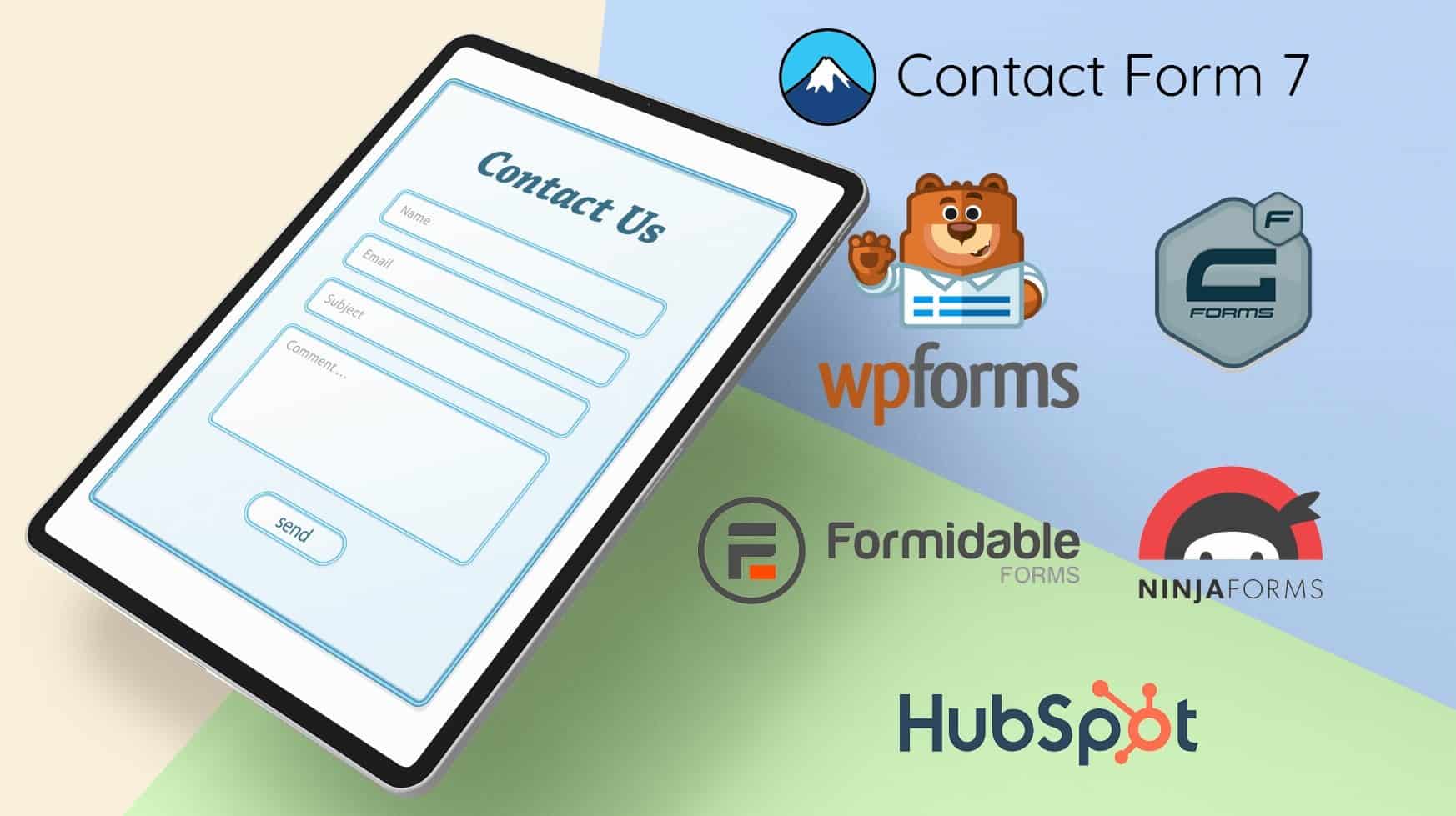 WordPress troubleshooting service for contact forms showing tablet and plugin logos
